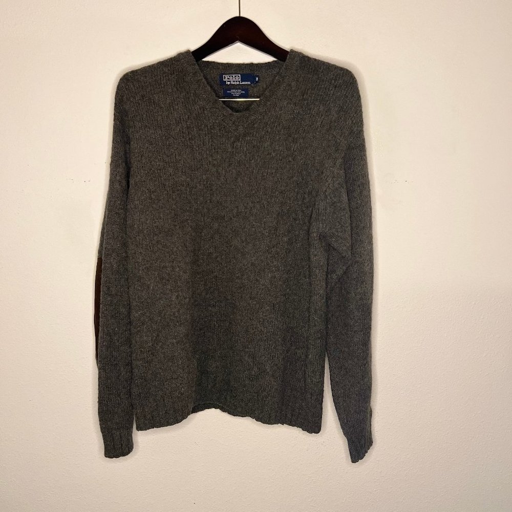 Polo Ralph Lauren Vtg Men’s Wool Alpaca V-Neck Gray Sweater Elbow Patches Sz M